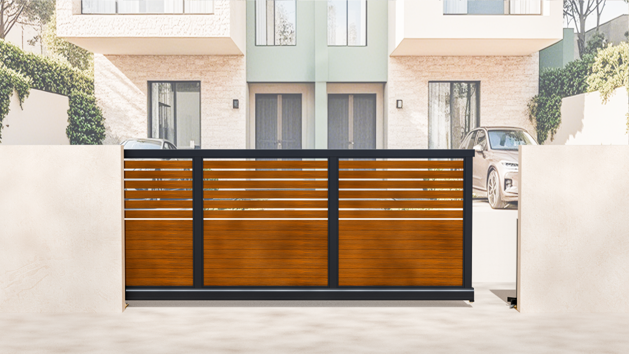 <strong>RMG 250 CGA 5M Black & Wood Effect Automatic Aluminium Driveway Sliding Gate</strong>